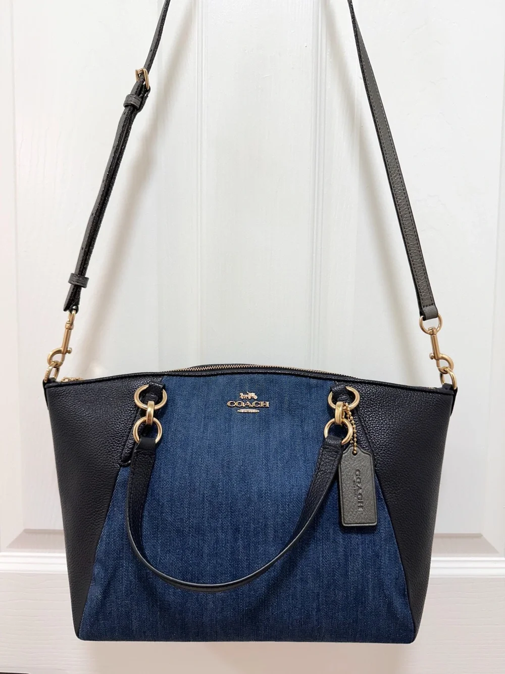 Coach Satchel Bag Kelsey‎ Denim Colorblock Black Pebbled Leather